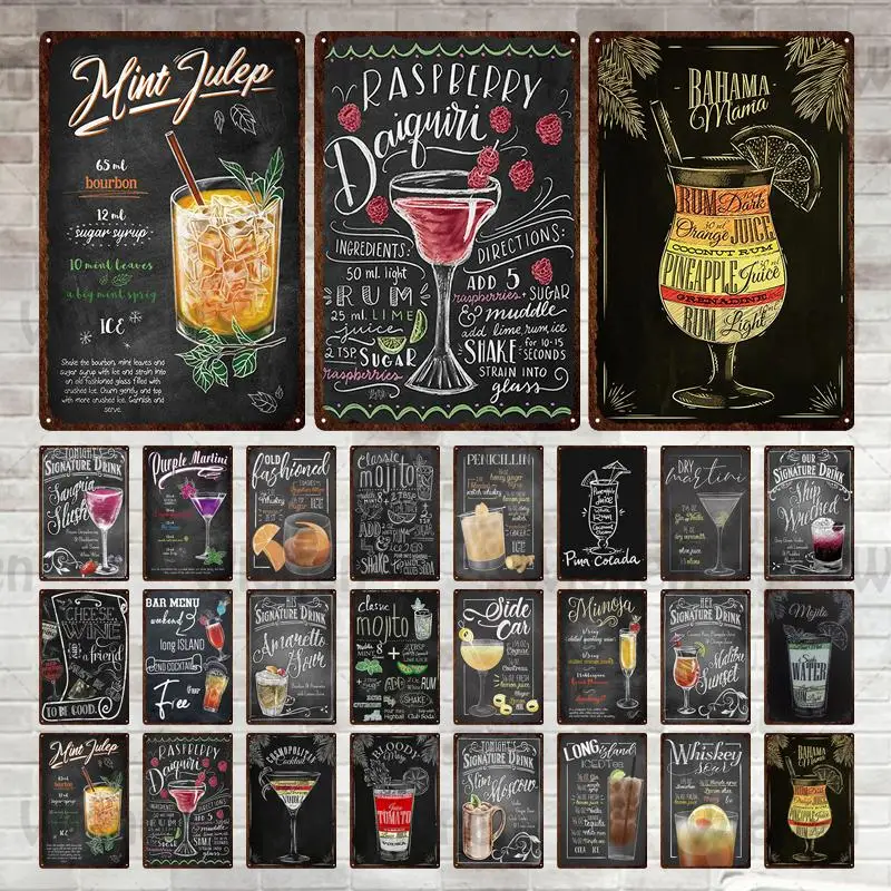 

Vintage Cocktail Metal Tin Signs Mojito Bar Menu Drink Poster Plate Bar Cafe Pub Club Retro Wall Decor Metal Iron Plate Plaques