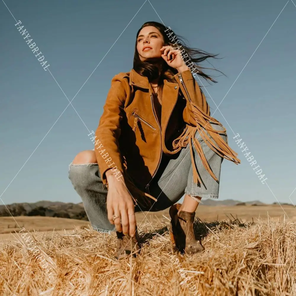 

Long sleeve Wedding Jacket Fringer Fashion Cow star Bridal Denim Coat Tassel Boho Rue Jacket DJ132