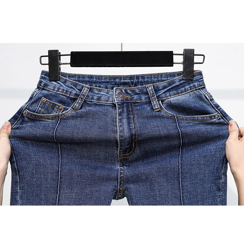 

Plus Size Straight Elastic Jeans Women Denim Ankle-length Pants Spring Summer Korean Style Fashion Buttom Cuffs Trousers Vintage