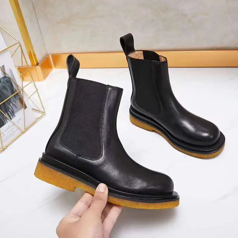 

Brown Real Leather Chelsea Boots Women Round Toe Thick Bottom Martin Boots Female Fashion Ankle Boots Botas Mujer