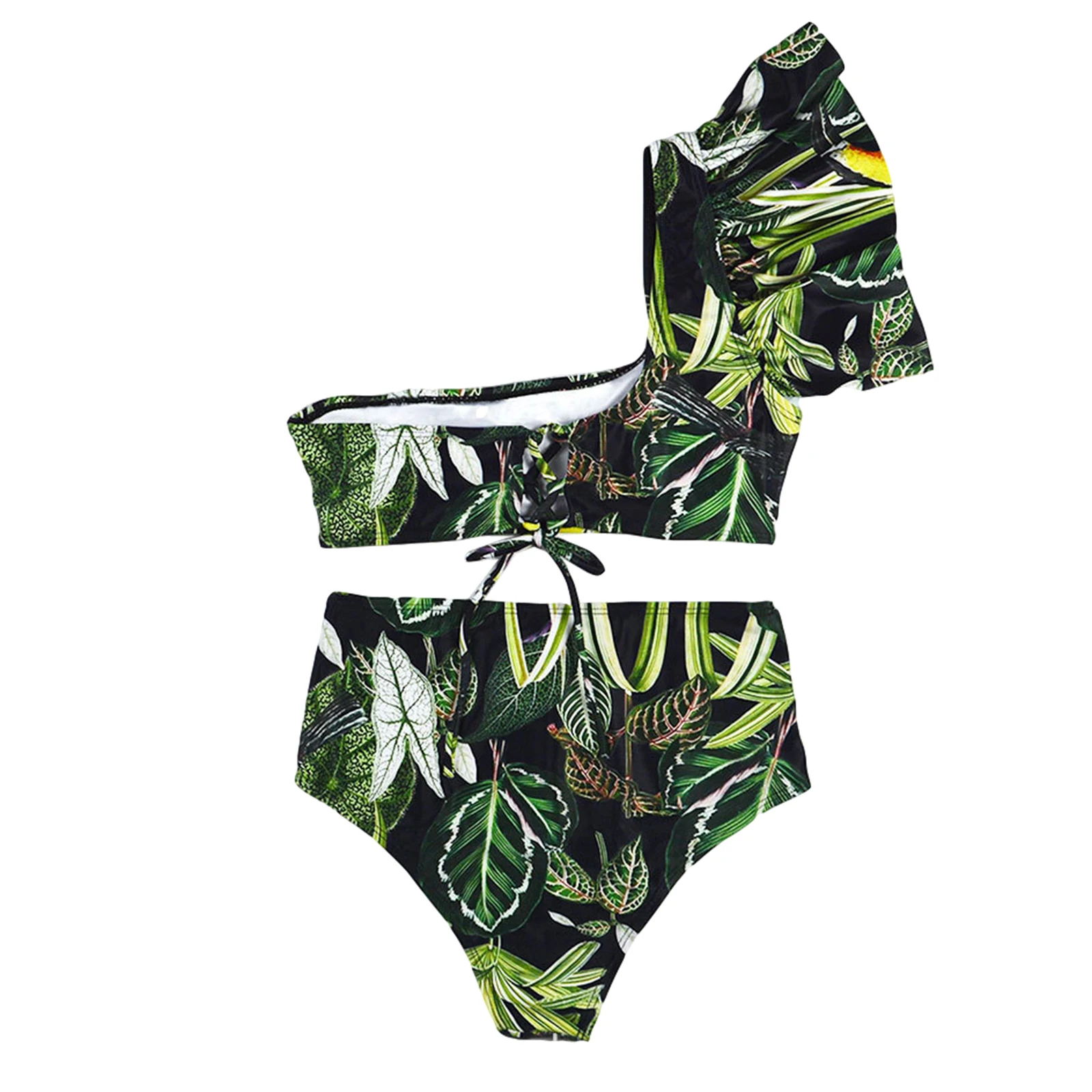 

Women\u2019s Vacation Style Printed Bikini Suit Ruffled Single Shoulder Bustier Tops with High Waist Triangle Bottoms