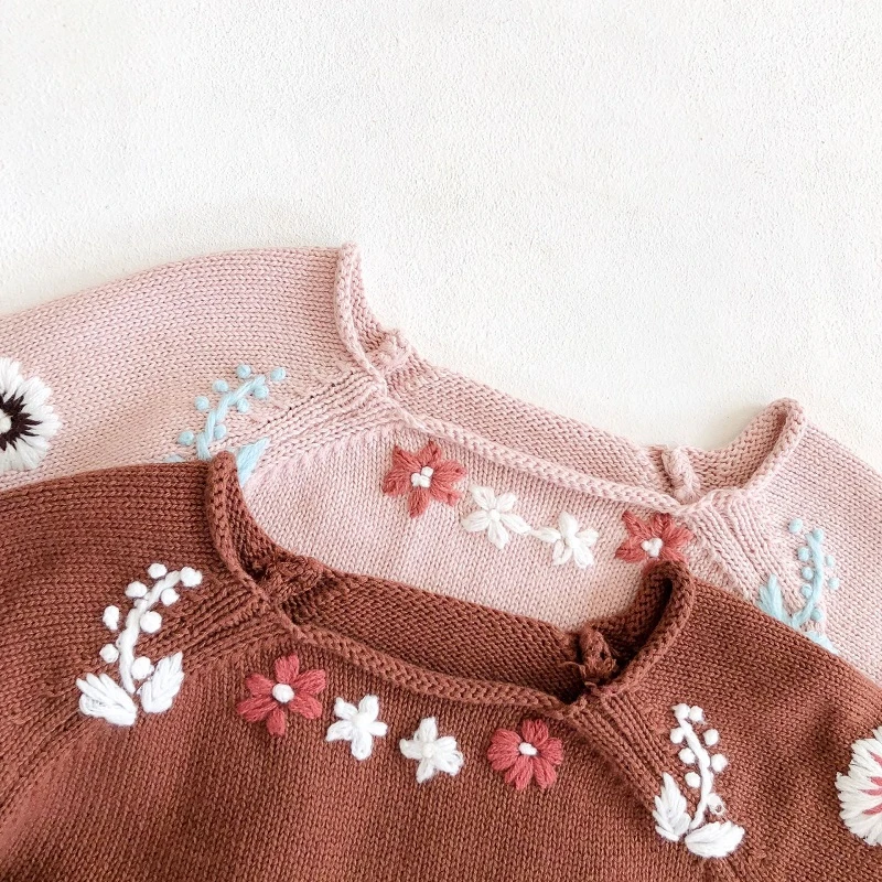 

Autumn Knitted rompers Baby Girl Flowers Handmade Embroidered Long Sleeve Jumpsuit Romper Cotton Infant Outfits Clothes With Cap