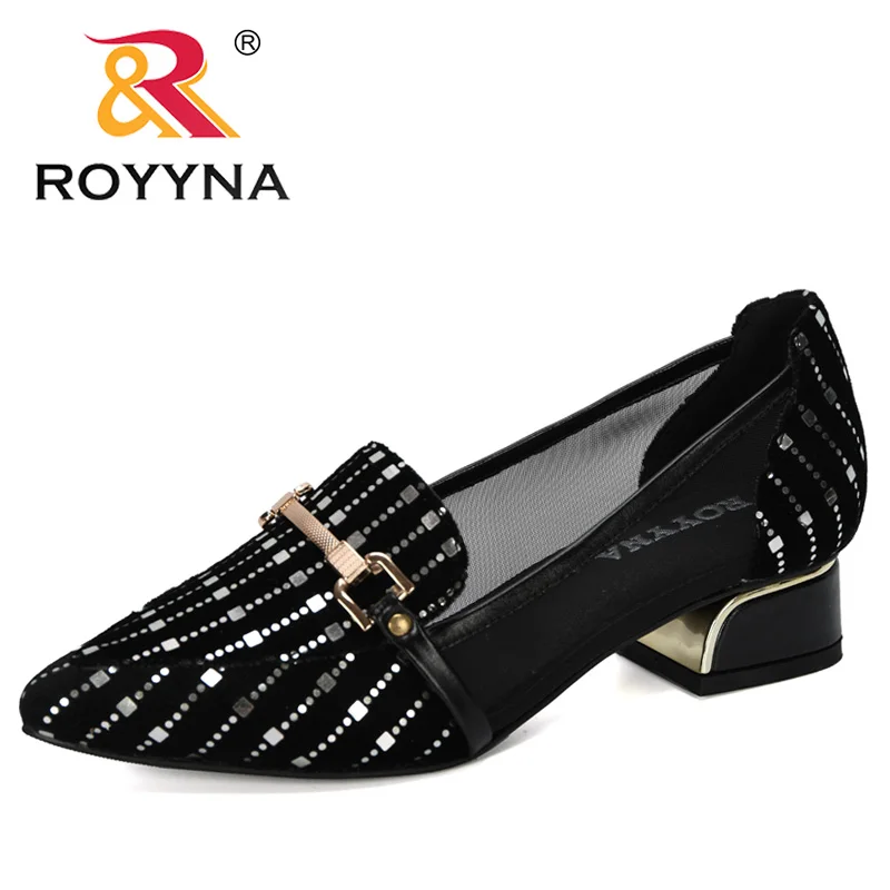 

Женские свадебные туфли ROYYNA, дизайнерские туфли из флока на толстом высоком металлическом каблуке, с закрытым носком, 2019