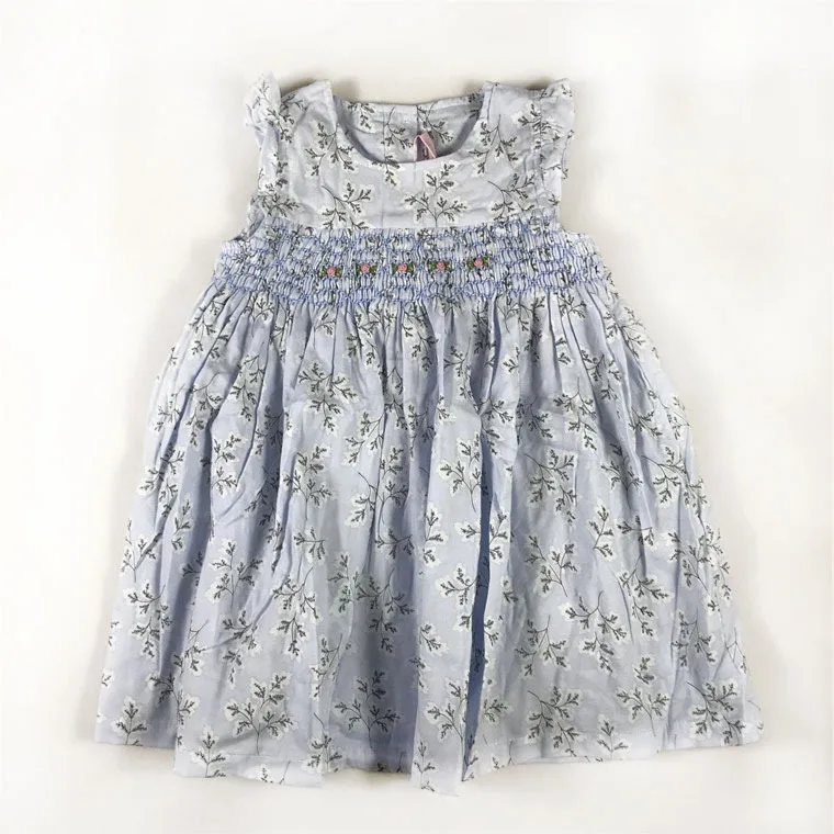 

Sweet Little Girls Floral Print Dress Smocked Hand Made Western Fashion Vintage Summer Fly Sleeve Bow Dress