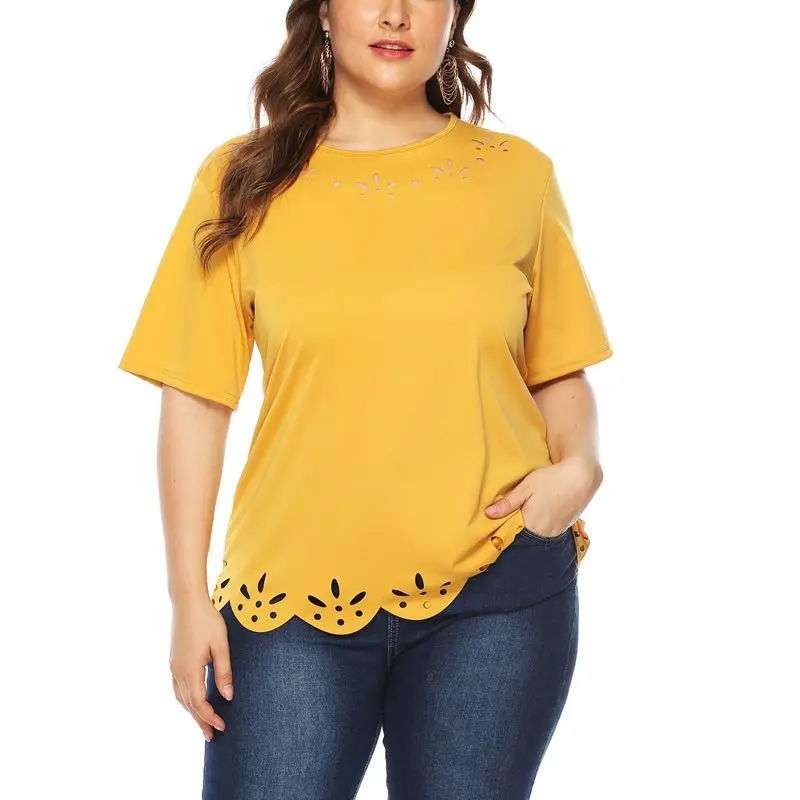 

Spring size T-shirt 4XL5XL 6XL 7XL 8XL fashion women's short sleeve hollow round neck wild solid color casual T-shirt bust 132CM