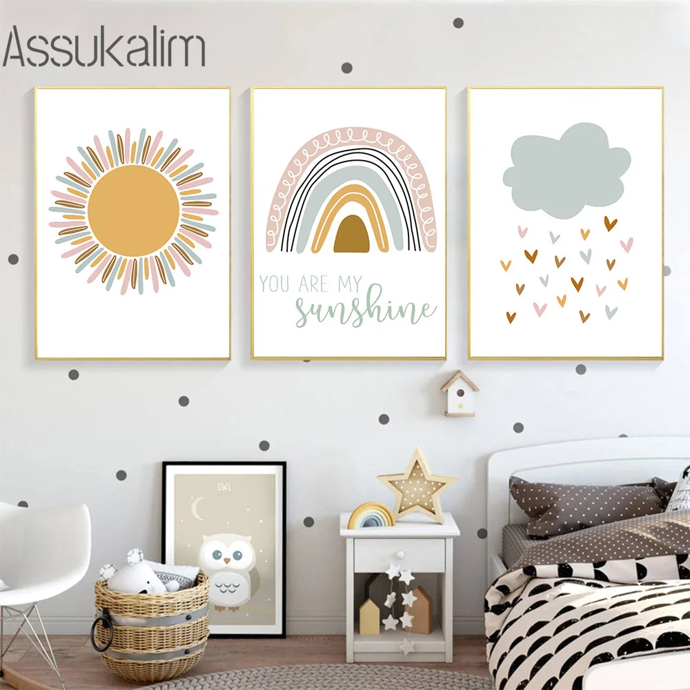 Картина на холсте из мультфильмов солнце постер с радугой облака Художественная