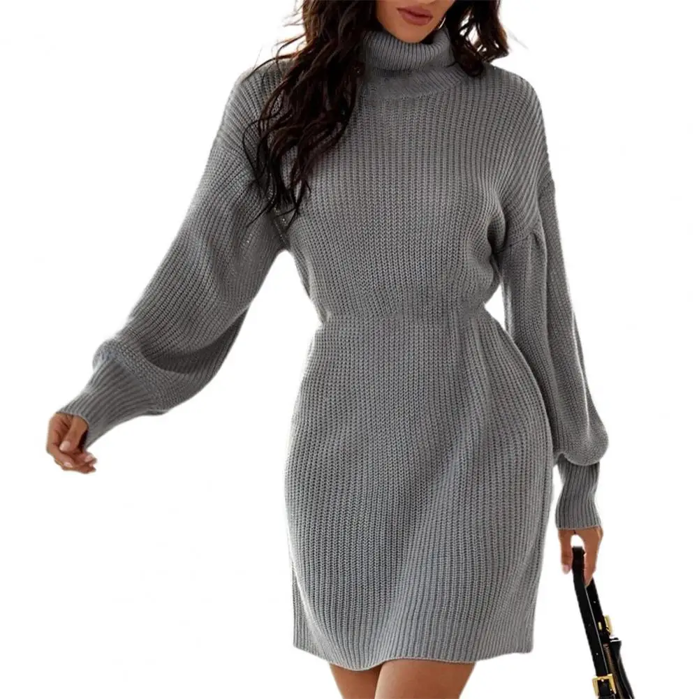 

50% Dropshipping!! Turtleneck Long Sleeve Sweater Dress Autumn Winter Solid Color Ribbed Sweater Mini Dress Knitwear
