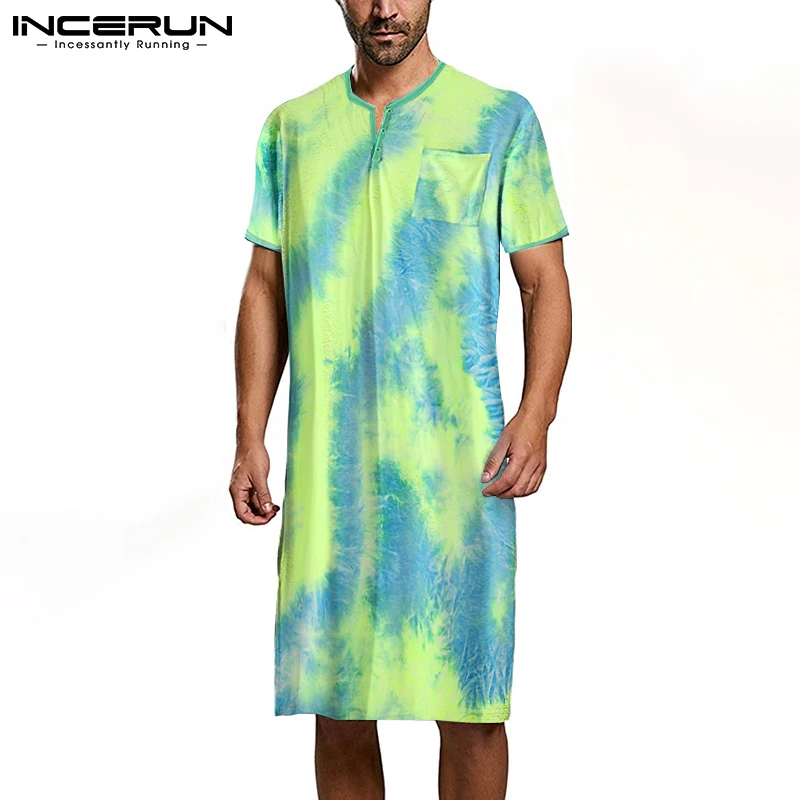 

Short Sleeve Round Neck Comfortable Bathrobes INCERUN Men Leisure Tie Dye Printed Sleep Robes Man Casual Buttons Homewear S-5XL