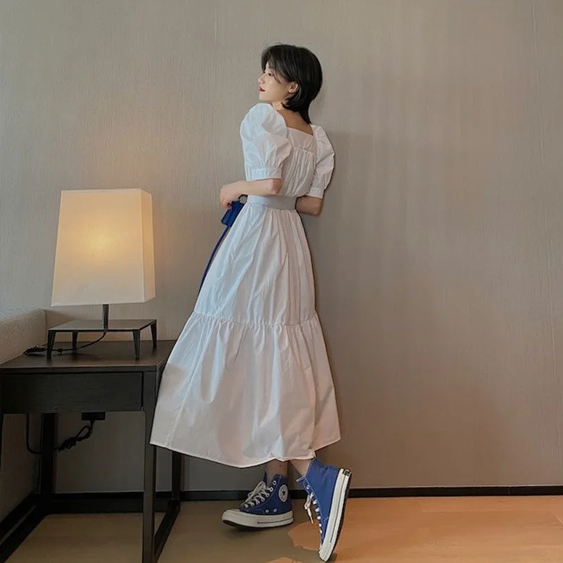 

KUSAHIKI New Square Collar Puff Sleeve Woman Dress Korean Solid Patchwork Dresses Belt Slim Waist A-line Sweet Vestidos 6H711