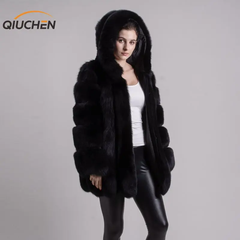 QIUCHEN PJ8149 новая модель женская шуба из натурального Лисьего меха с длинным рукавом пальто с капюшоном gebuine костюм лисы Высокое качество