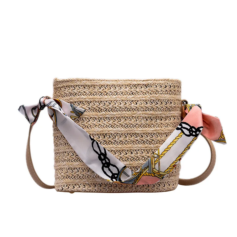 

Simple Solid Woven Straw Bag Women Silk Scarf Handle Bucket Soft-Faced Handbag Women'S Leisure Vacation Diagonal Bag Woman 2021