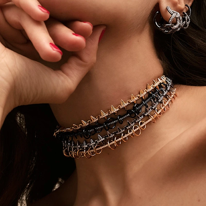Luxury Solid 925 Sterling Silver Black Grey Spike Rivet Choker Necklace Adjsutable Chain Yellow Gold Women Mana Jewelry | Украшения и