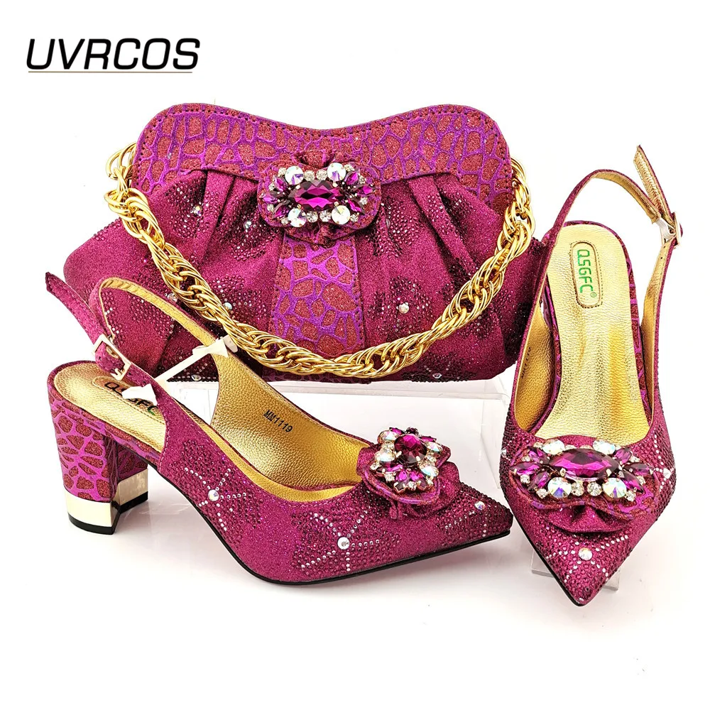 

Decoration Style Party Women Shoes and Bag Set Nigeian New Arrival Italian Design Fashion Crystal and Metal in Fachsia Color