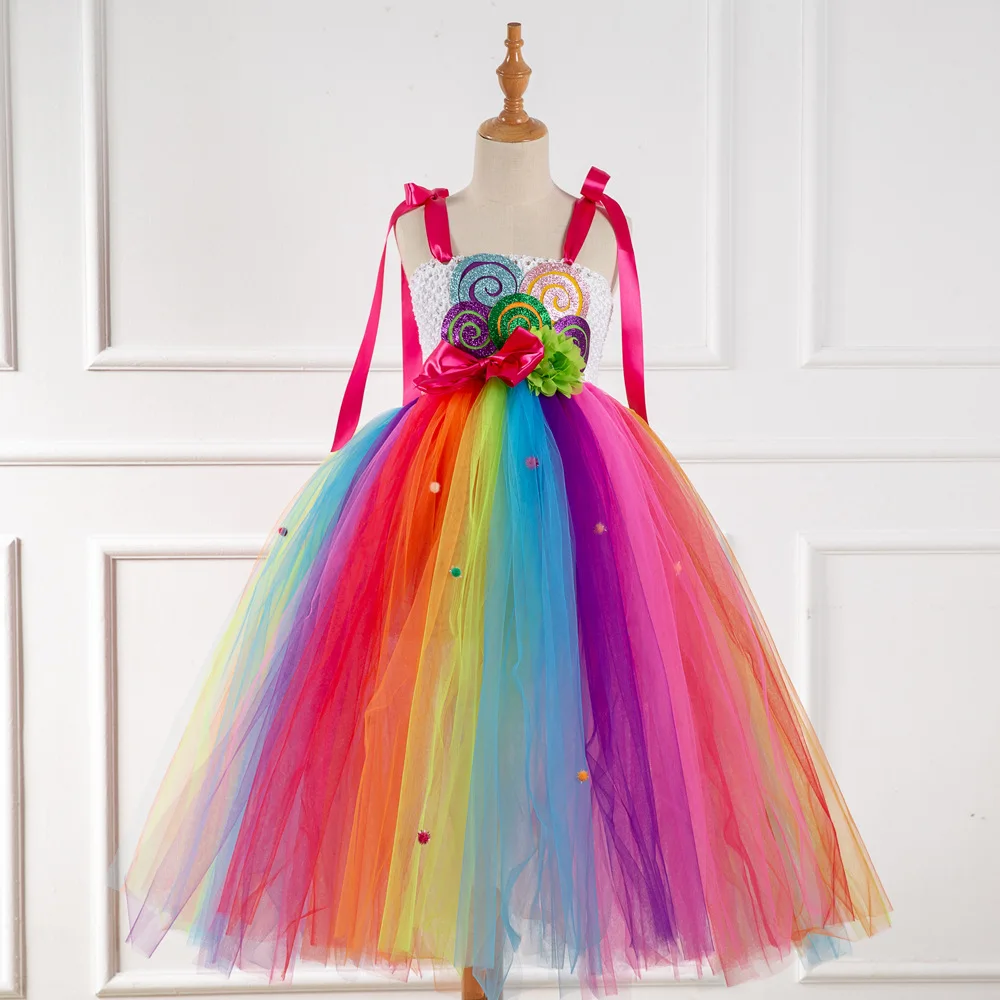 

Rainbow Candy Princess Dress Costume Cosplay Girls Carnival Party Dress Up Halloween Costume for Kids
