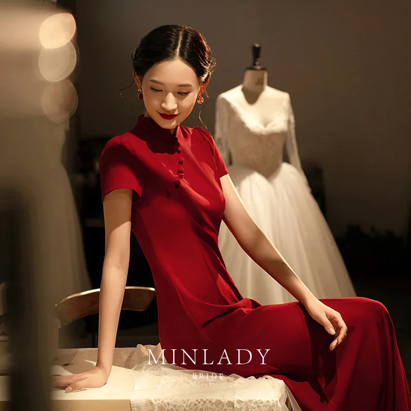 Women Vintage Improved Cheongsam Elegant Mandarin Collar Short Sleeve Long Prom Dresses Sexy High Slit Party Toast Gowns