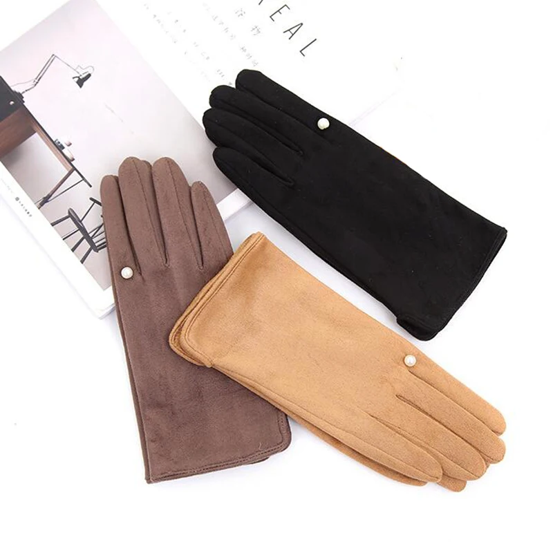 Women's Winter Plus Velvet Thicken Warm Touch Screen Gloves Elegant Pearl Suede Windproof Full Finger Cycling Driving Gloves K43