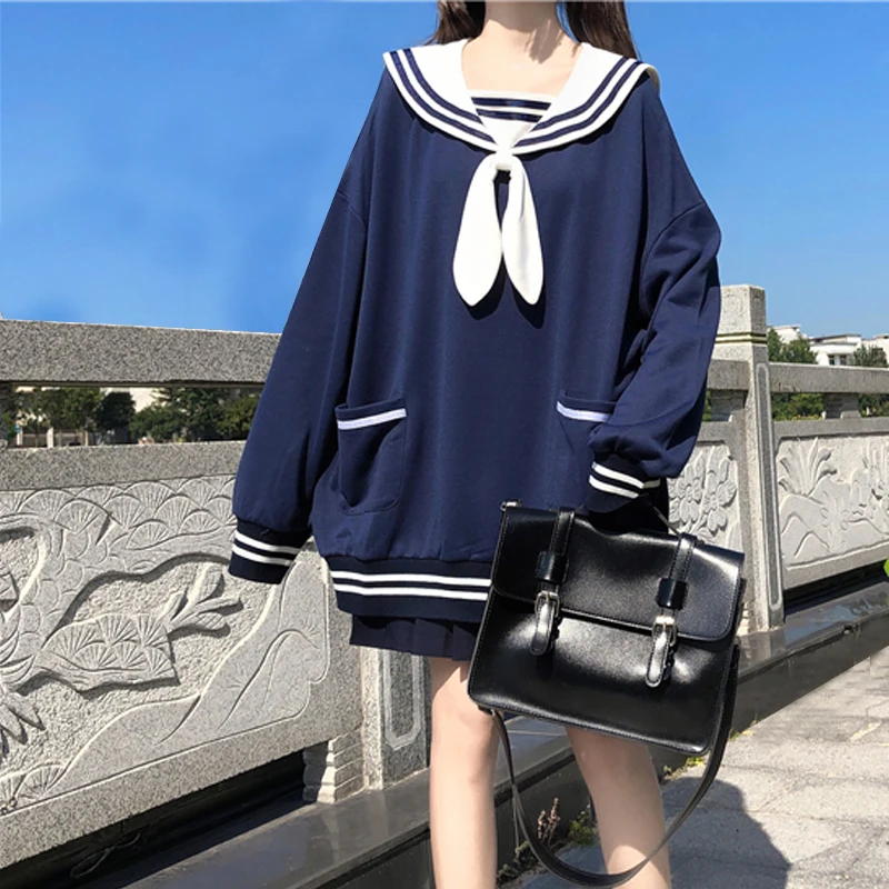 

Princess sweet lolita hoodies Rabbit three-dimensional ears lovely college loose girl long sleeved navy sweater coat GGZ003