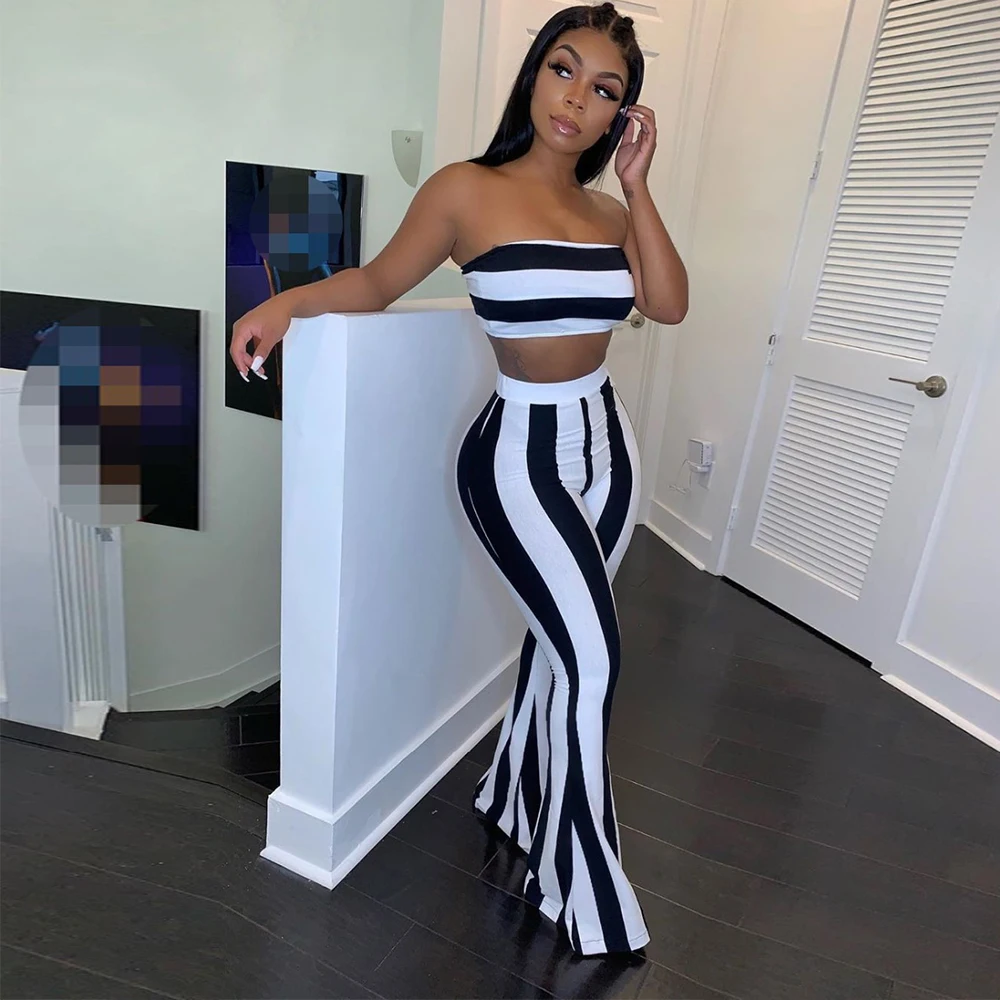 

Crop Top and Wide Leg Bandage Two Piece Set 2021 New Arrival Black and White 2 Piece Set Bodycon Summer Women Sexy Club Outfits