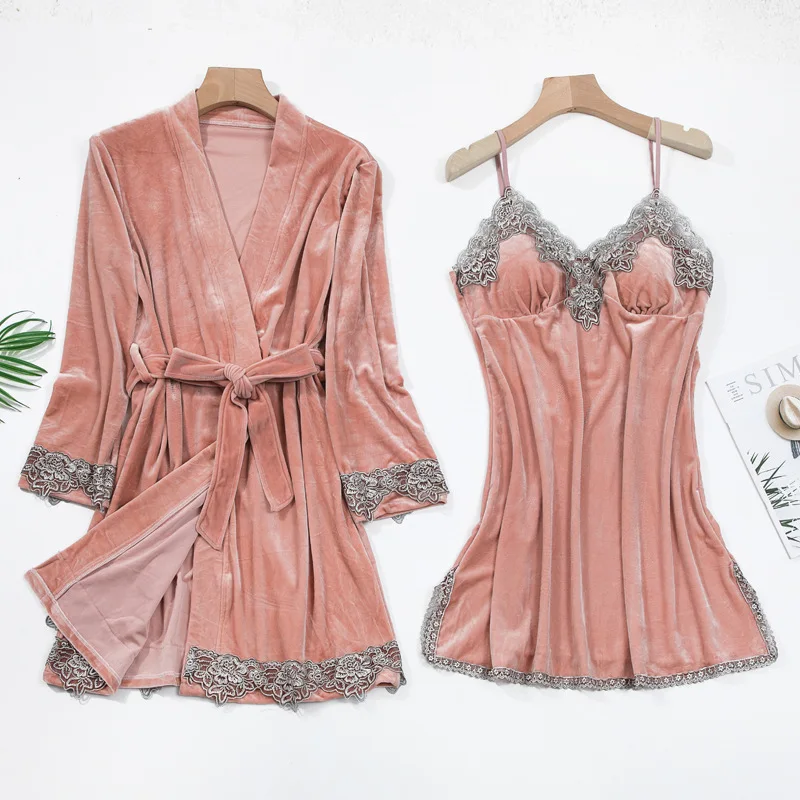 

Fashion Gold Velvet 2 Pieces and 4 Pieces Warm Winter Pajamas Sets Women Sexy Lace Robe Sleepwear Kit Sleeveless Nightwear Pjs