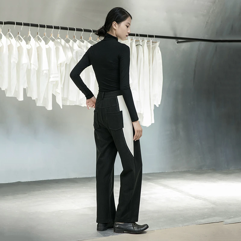 

[EAM] High Waist Black Line Split Joint Long Wide Leg Trousers New Loose Fit Pants Women Fashion Tide Spring Autumn 2021 1DA920