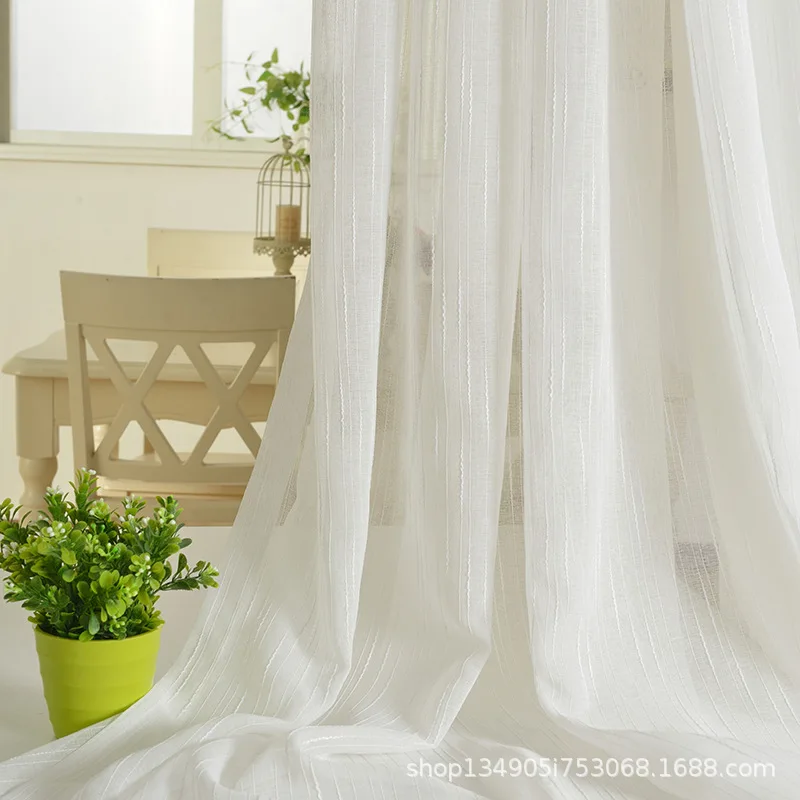

Simple window screening, translucent and impermeable curtain gauze, vertical pattern finished linen white gauze curtain