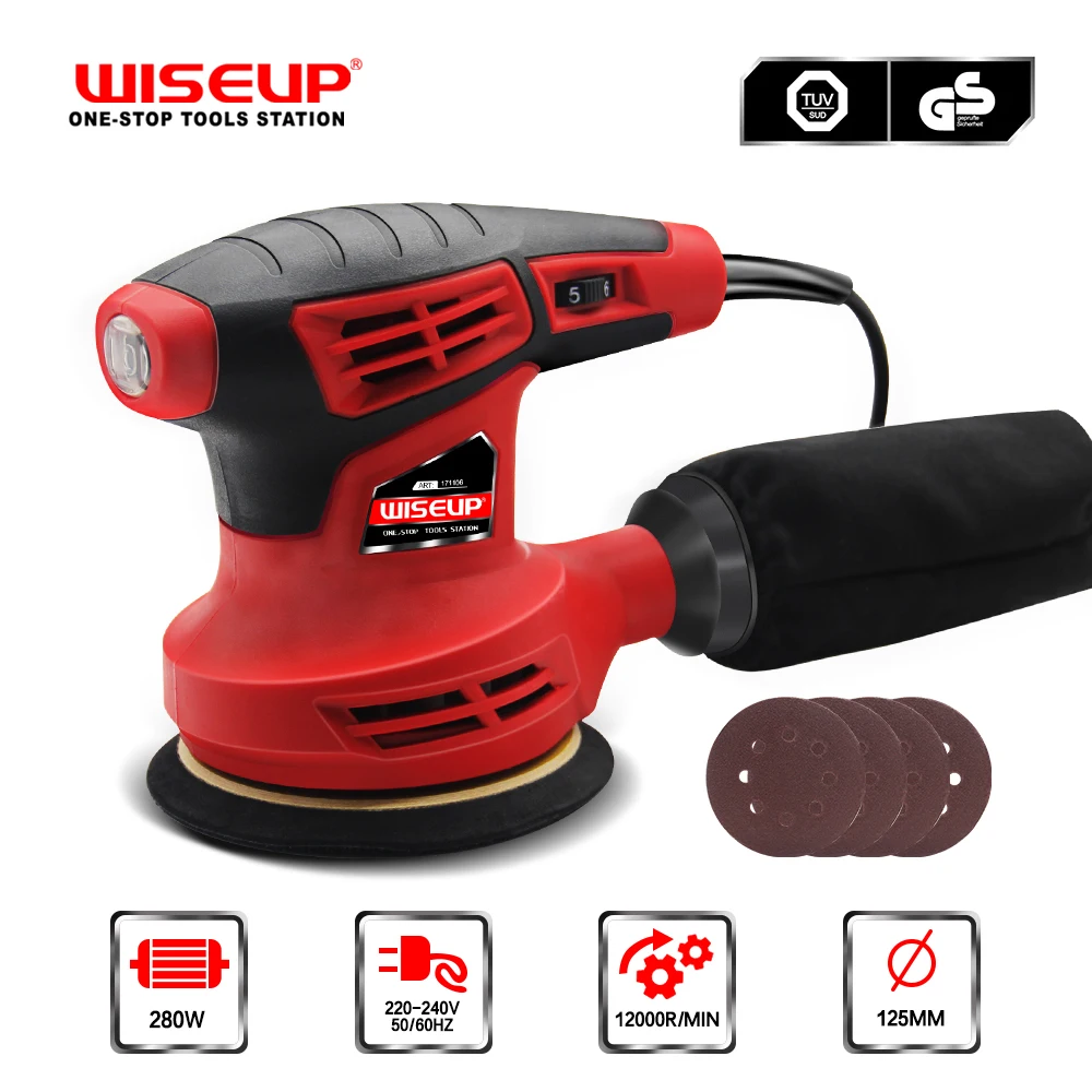 WISEUP 280W Electric Sander Variable Speed Orbital Sanding Machine With Dust Collection Bag 5Pcs Sandpapers Polishing Tools