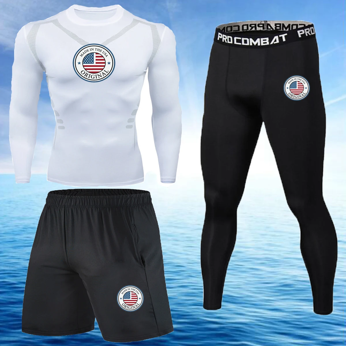 

New American logo compression men's sports quick-drying running suit clothes track suit running training gym fitness men's suit