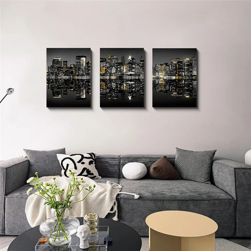 

Glittering New York Cityscape Posters and Prints Wall Art Picture Home Decor Maison Night Building Painting Framed Ready To Hang