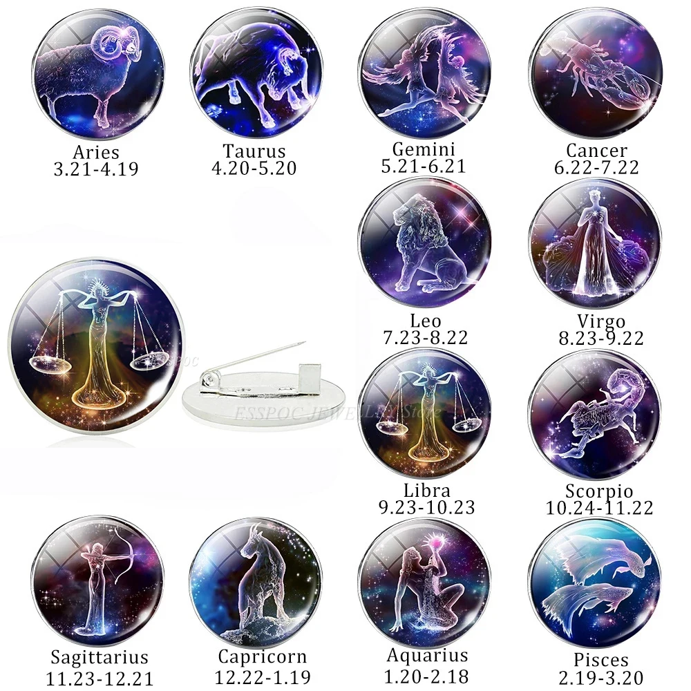 Броши "12 созвездий" Знаки Зодиака Броши Значки Стеклянные кабошоны Ювелирные изделия в стиле мода Весы Лев Дева Женщины Подарок на День Рождения Оптовая продажа.
