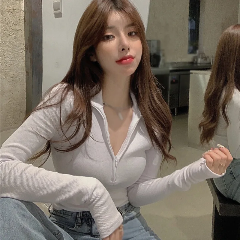 Женская футболка осенняя одежда трикотажные укороченные топы в рубчик с длинным