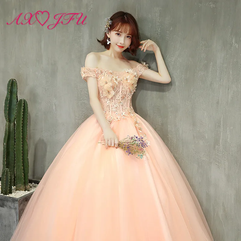 

AXJFU luxury princess orange lace bride evening dress vintage boat neck beading flower host ball gown stage bride evening dress