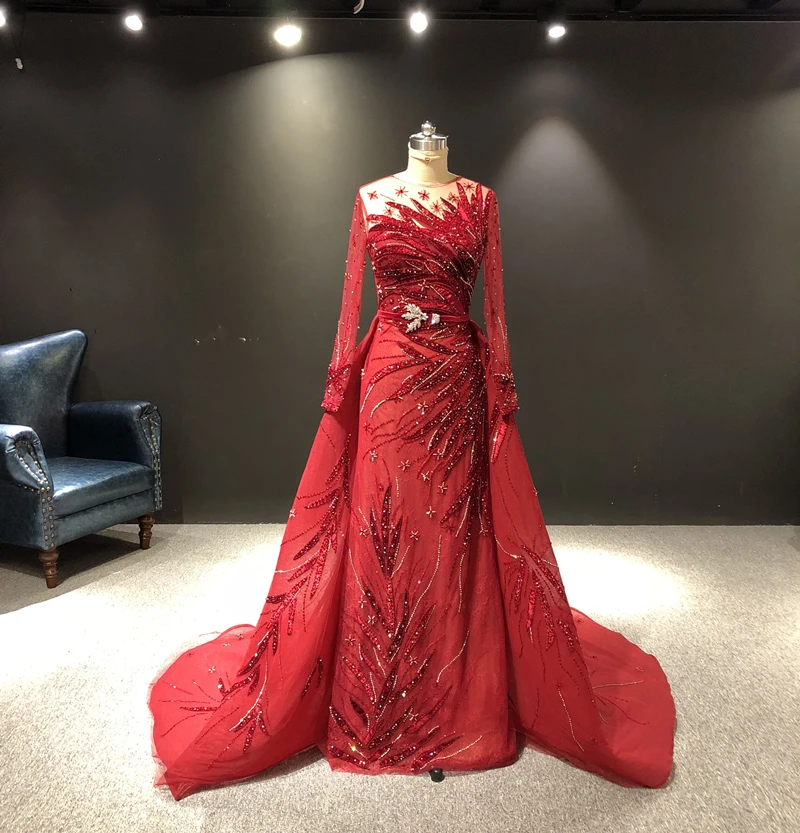 

Женское вечернее платье с юбкой годе, красное платье с длинным рукавом, круглым вырезом и шлейфом, украшенное бусинами, с кристаллами, 2021