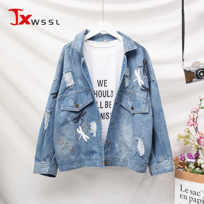 Женская джинсовая куртка со стразами Модная Джинсовая стрекозой и вышивкой