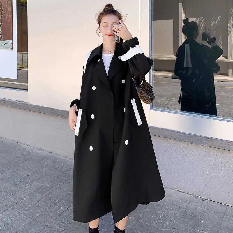 

LANMREM Women Double-breasted Bandage Long Coat 2021 Autumn Turn-down Collar Contrast Color Korean Windbreaker For Women 2A743