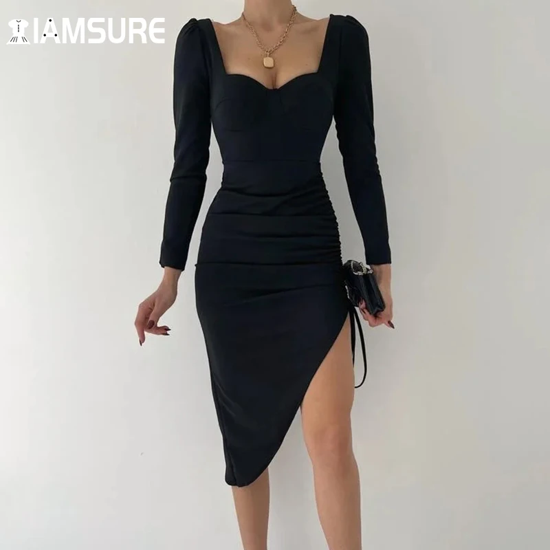 

IAMSURE Elegant Drawstring Split Bodycon Dress Sexy Slim Solid Square Collar Long Sleeve Midi Dresses For Womebn 2021 Fashion