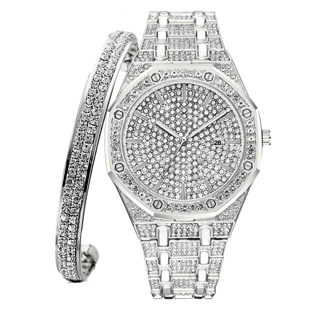 2021 Watch + Bangle for Women Charm Bracelet Iced Out Watch for Women Fashion Luxury Sliver Watch Set Jewelry Reloj Mujer