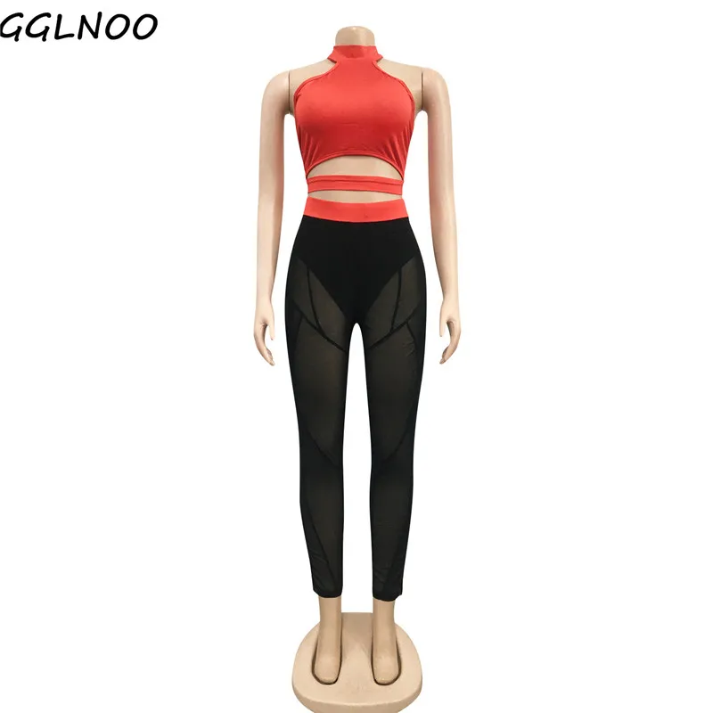 

GGLNOO New Age Reduction Sports Wear 2 Piece Women Sexy Set Tank Top Mesh Full Length Pants Hollow Out Tracksuits GG23163