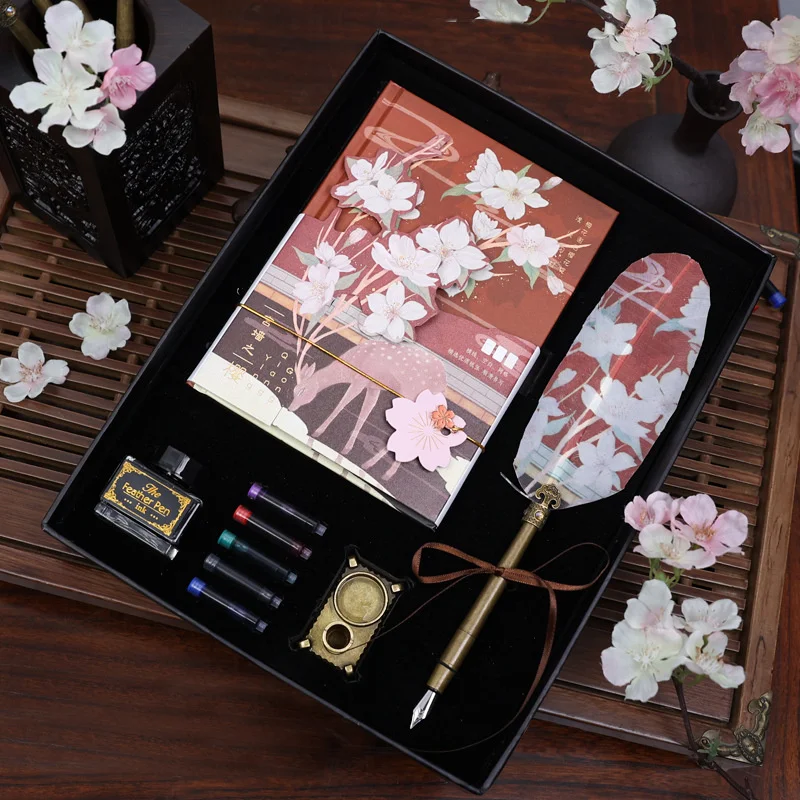 

Hand Account Book Feather Fountain Pens Gift Box Set Notebook Ink Pumping Creative Chinese Antique Style Gifts Dip Pencils