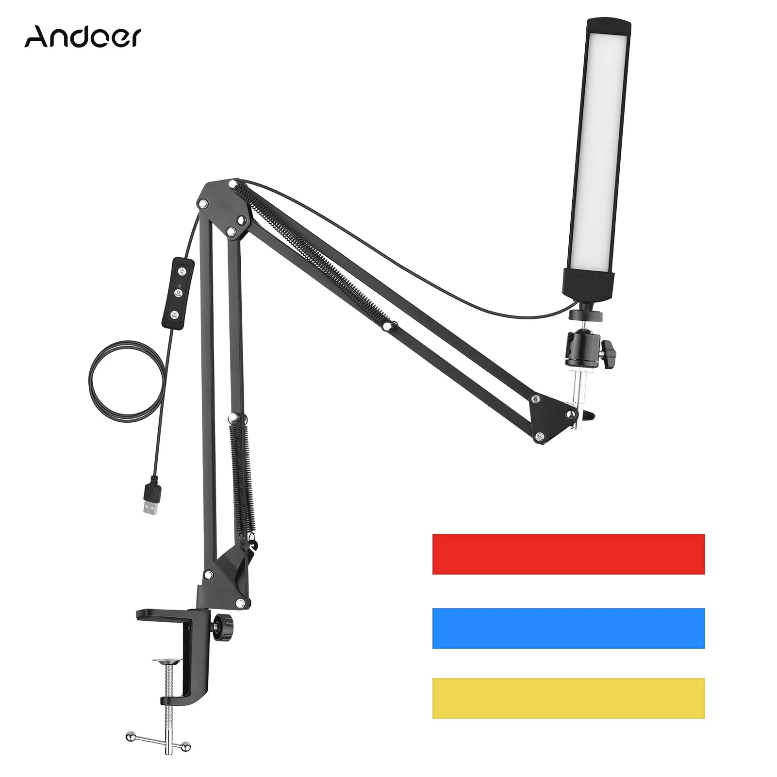 

Andoer PH-02 LED Video Light Kit 5600K USB Strip Light Desk Mount Metal Light Stand Ballhead Color Filter for Live Streaming