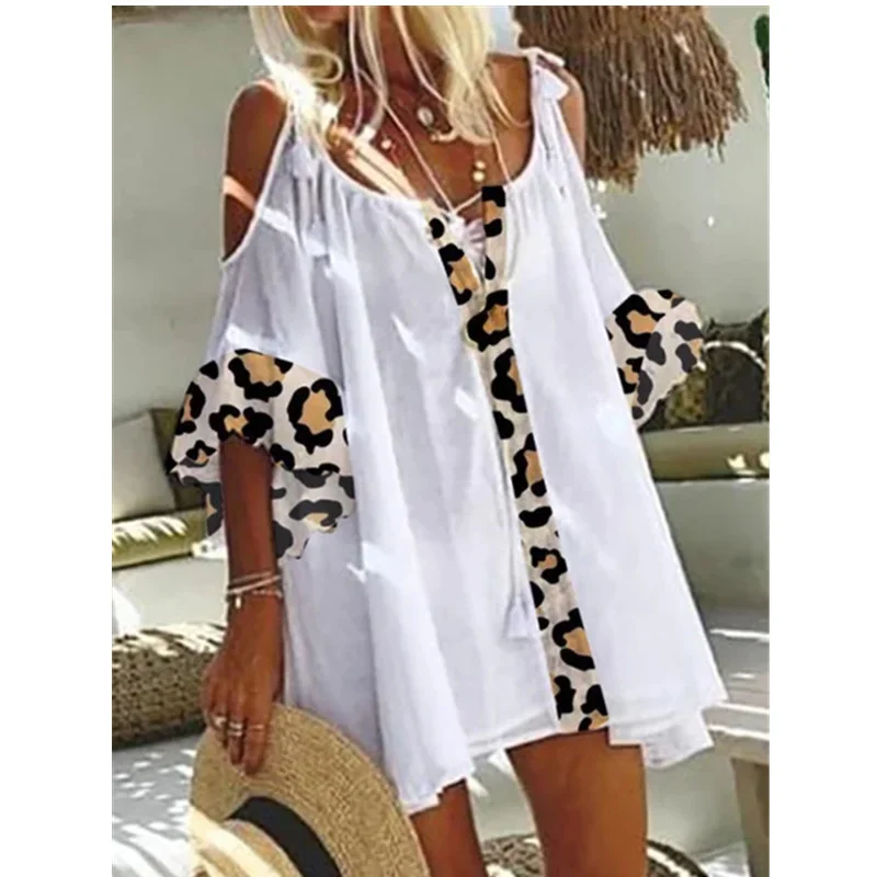 

Summer Women's Leopard Pattern Stitching Loose Loose Top Shirt Lady Long Sleeve Blouse Turn-down Collar Blouse Tops Shirt