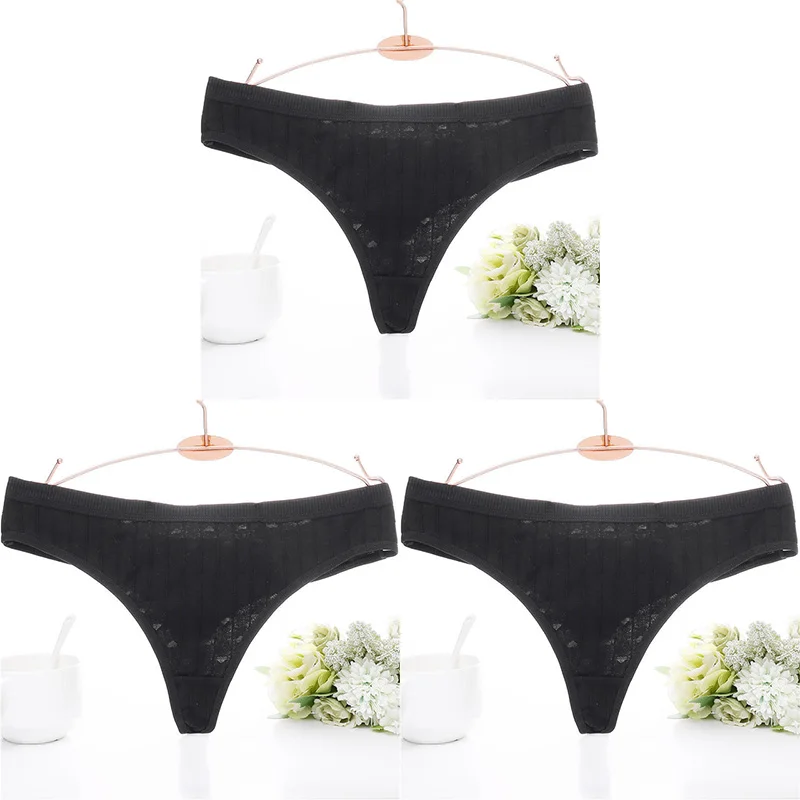 black 3pcs Модные хлопковые трусики-стринги с тиснением для женщин, нижнее белье, сексуальное женское нижнее белье, женские трусы с 3D полосками, хлопковые трусики-стринги - Цвет: black 3pcs