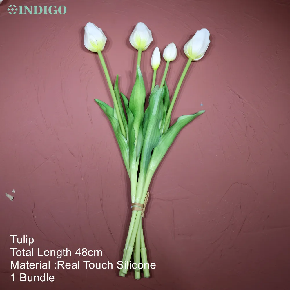 

INDIGO-White Tuilp (3 Flower+2bud) 48cm Bouquet Silicone Tulip High Quality Office Table Decoration Artificial Flower Display