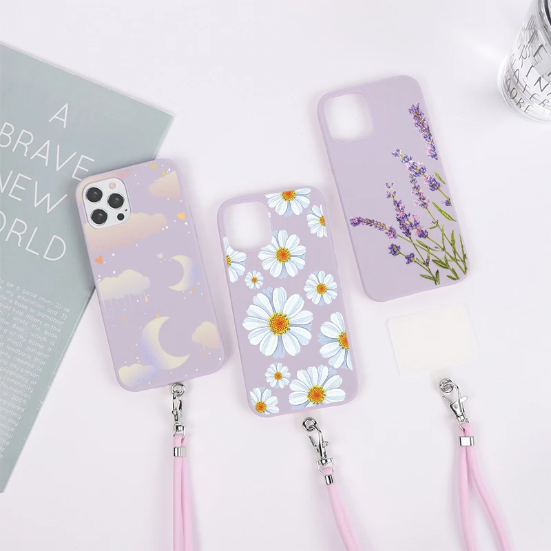 Neck Cord Lanyard Phone Case For iPhone 11 12 13 Mini Pro XS Max X XR 5 5S SE 2020 6 6S 7 8 Plus Cute Flower Cover For iPhone 11