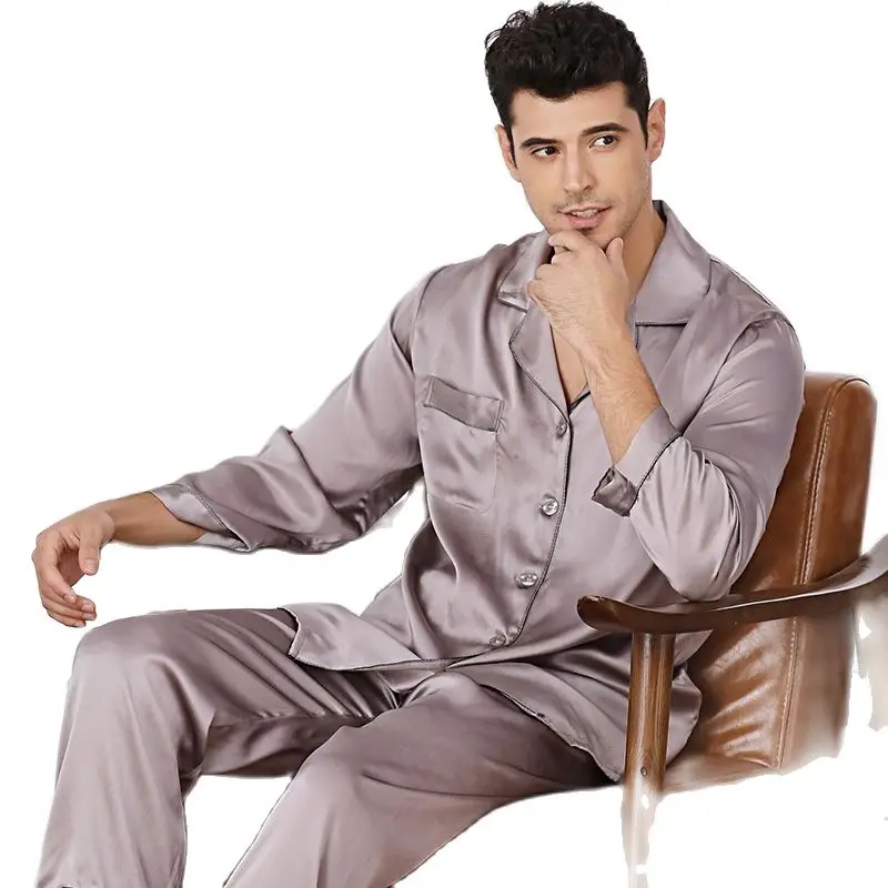 M8808 New Fashion Men's Spring and Summer 100% Silk Long Sleeve Two-piece Home Clothes PAJAMA Suit