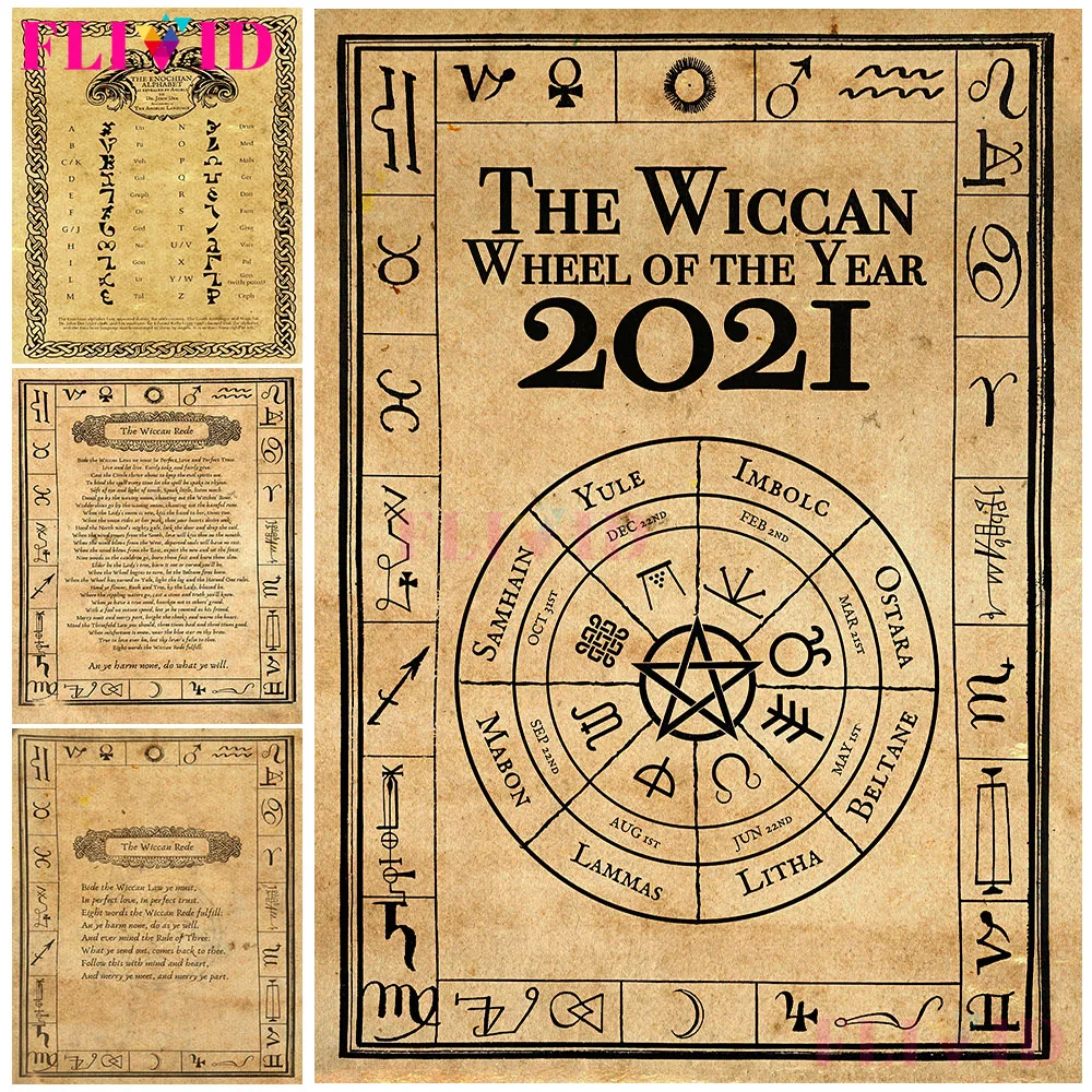 

Die Enochian Alphabe Of Wicca Hexe Wall Art Das Wicca Rad Des Jahres 2021 Canvas Print Hexerei Pagan Poster Witchcraft Decor
