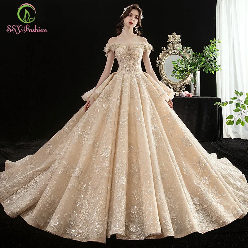 

SSYFashion High-end Wedding Dress Bride Luxury Champagne Lace Appliques Beading Court Train Long Wedding Gowns Vestido De Novia