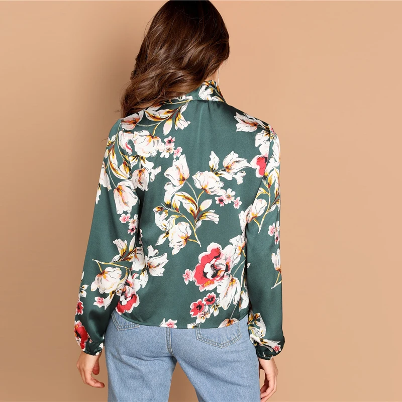 SHEIN Стильный Топ С Цветочным Принтом Женские Осенние Элегантные Блузки С Цветочным Принтом И Длинным Рукавом