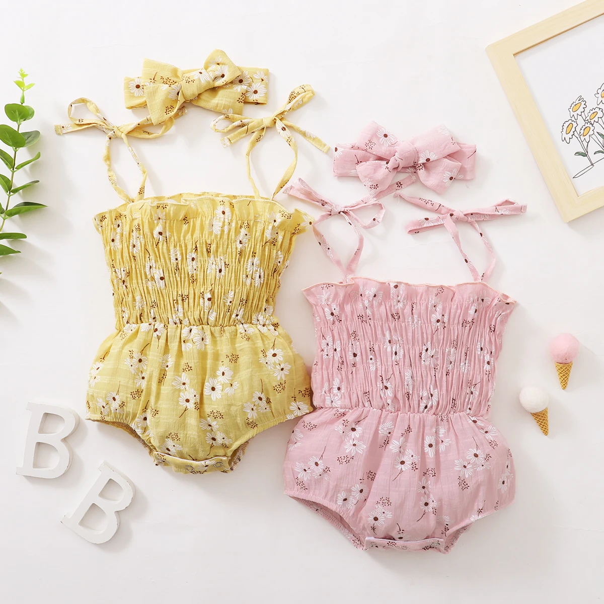 

Cute Newborn Infant Baby Girl Floral Print Sleeveless Romper Tops Headdress 2pcs Summer Toddler Clothing for 0-18Months