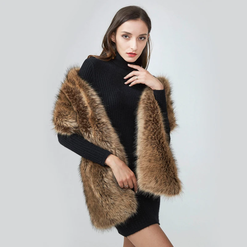 fur color Женский широкий меховой шарф Blinger из искусственного меха с воротником из искусственного лисьего меха, шаль из меха енота, зимняя женская мода, большие накидки - Цвет: fur color