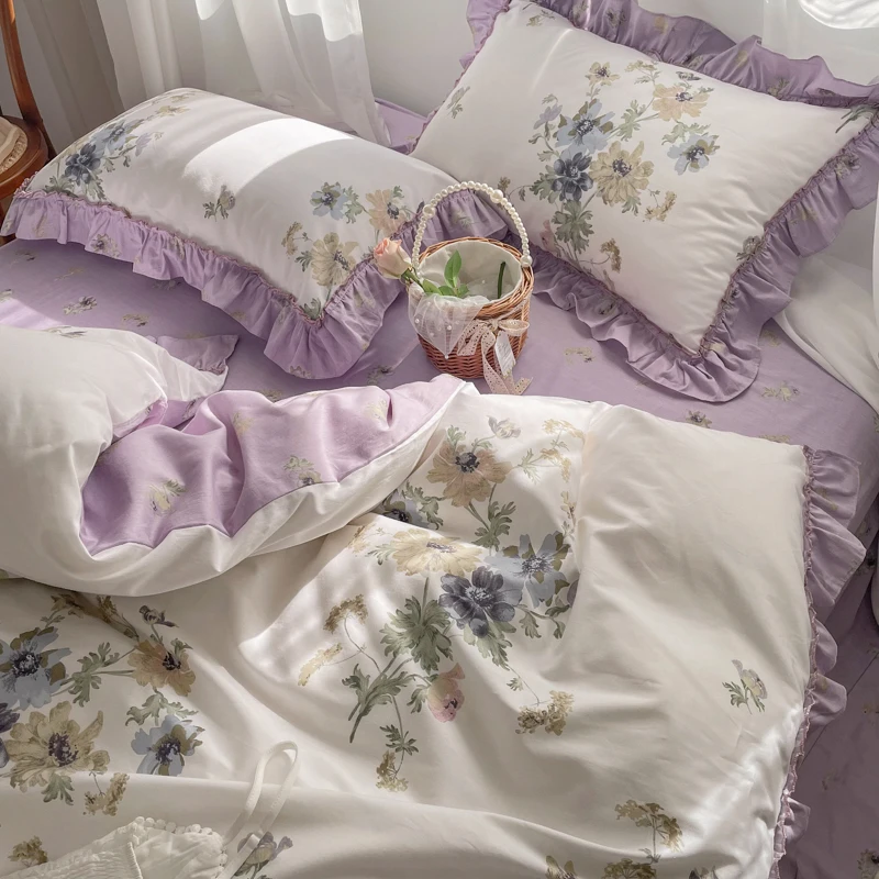 100% Cotton French Vintage Gardenia Printing Princess Bedding Set Rural Flowers Ruffles Quilt/Duvet Cover Bed Linen Pillowcases images - 6